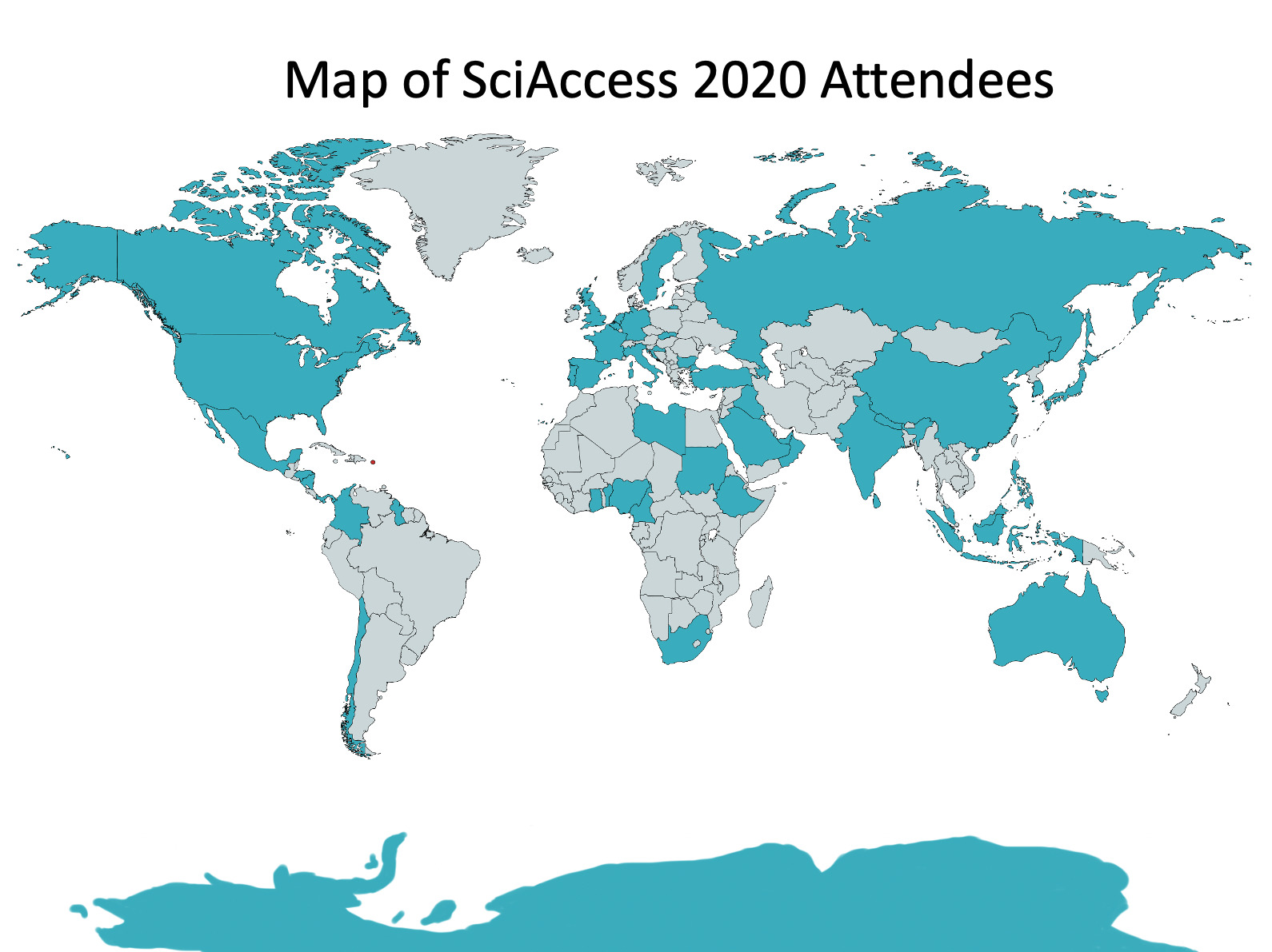 Shown in blue are countries in which participants attended SciAccess 2020 from, including several neutrino scientists in Antartica.
