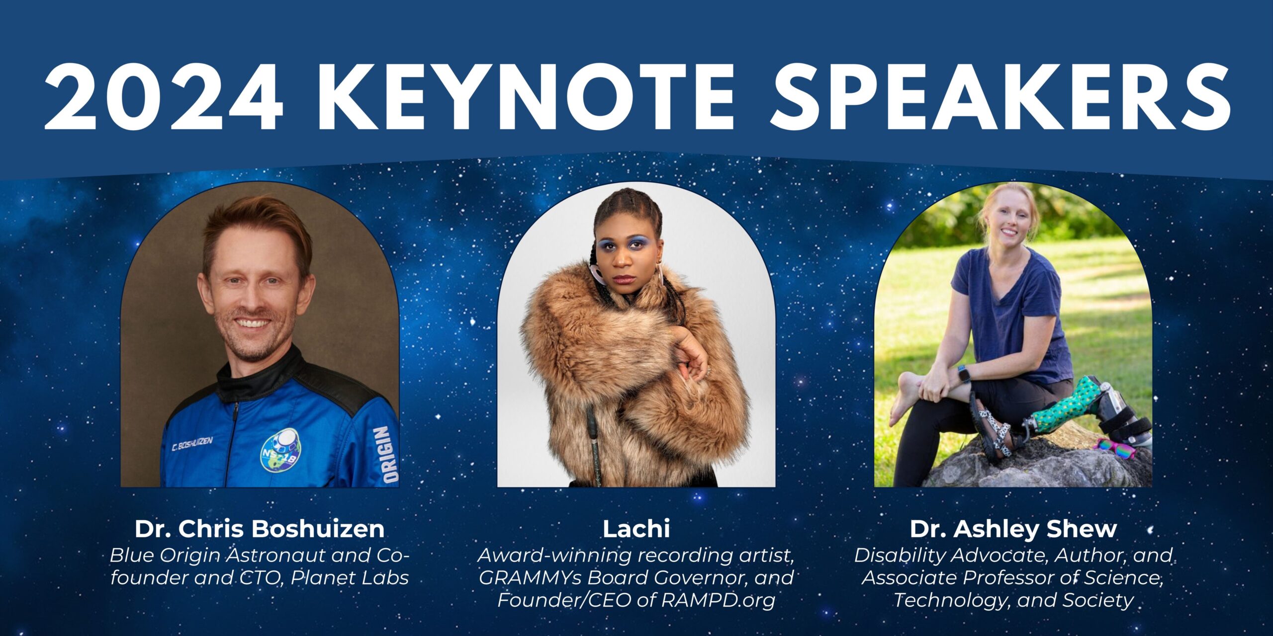 2024 Keynote Speakers featuring smiling images of Dr. Chris Boshuizen, Lachi, and Dr. Ashley Shew